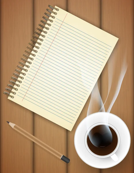 Cuaderno en blanco con taza de café en la mesa- Vector — Vector de stock