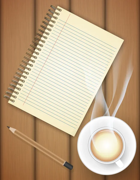 Taccuino bianco con tazza di caffè sul tavolo- Vettore — Vettoriale Stock