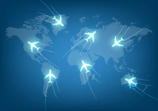 Vetor mapa de viagem mundial com aviões —  Vetores de Stock