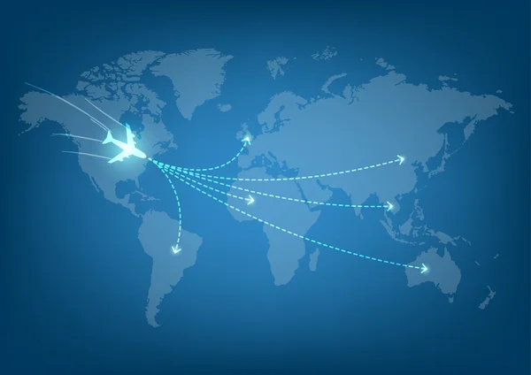 Reizen kaart van de wereld van de vector met vliegtuigen — Stockvector