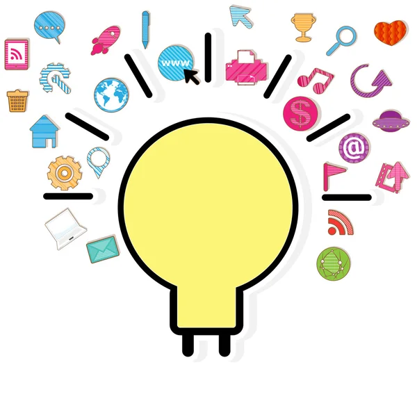 Modelo ideia lâmpada projeto com ícones de rede social backgr —  Vetores de Stock