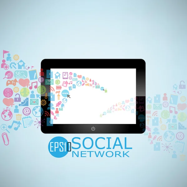 Plantilla de diseño digital tableta idea con iconos de redes sociales ba — Vector de stock