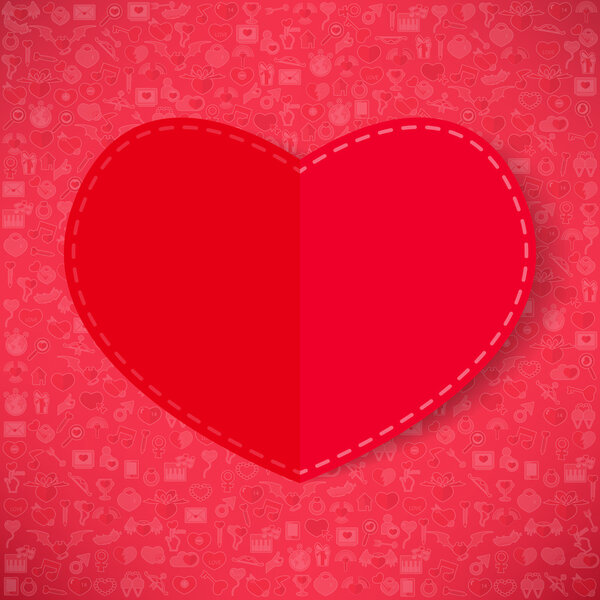 Red paper heart Valentines day card with sign on Icon love backg