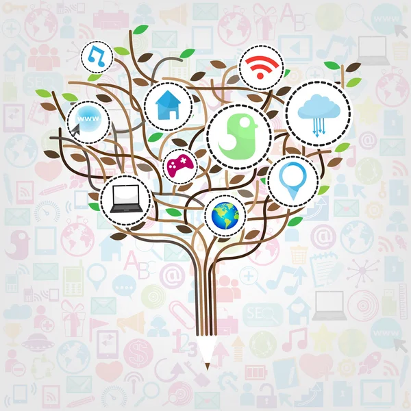 Sieci społecznej edukacji koncepcja ołówek drzewo z multimedialnych ico — Wektor stockowy