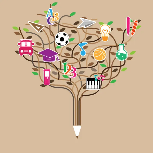 Crayon en forme d'arbre réalisé avec des icônes de l'école ensemble illustration. Vecte — Image vectorielle