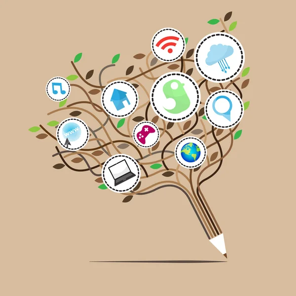 Soziales Netzwerk Bildungskonzept Bleistift Baum mit Multimedia-Icon — Stockvektor