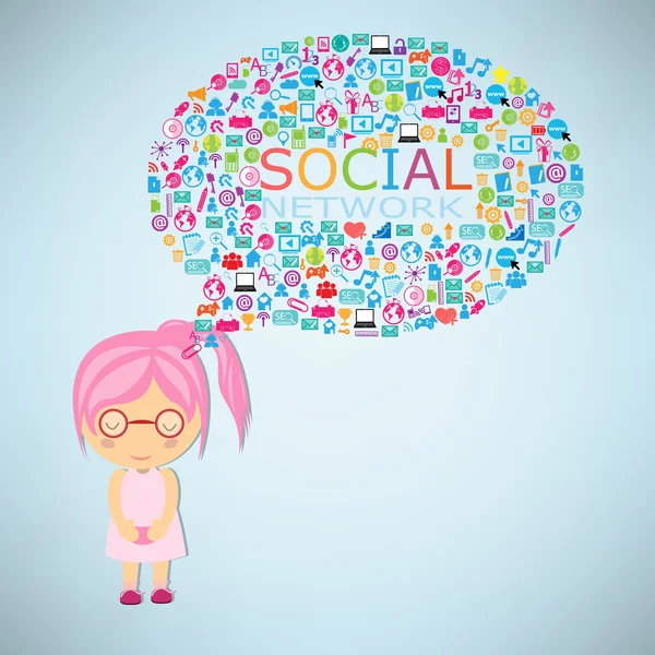Girls think social network buzz words and icons forming the shap — Stock Vector