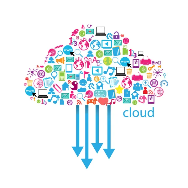 Diseño de plantillas con iconos de redes sociales de fondo, nube — Archivo Imágenes Vectoriales