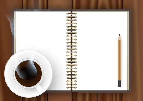 Tom anteckningsbok med kaffekoppen på bordet-vektor — Stock vektor