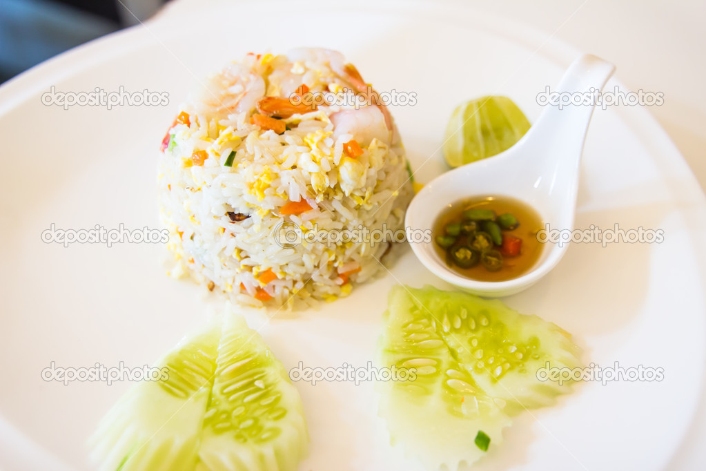 Unique style Thai shrimp fried rice serves on the dish the image