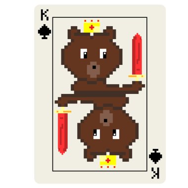 8 bit beyaz bir arka plan üzerinde izole kart oynarken ayı Kral.