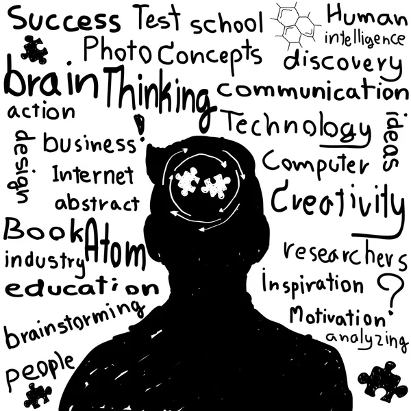 Kézzel rajzolt emberi fej és a tudomány ikonok. a koncepció a tanulás — Stock Vector