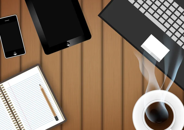 コーヒー カップとテーブル ベクトル上で携帯電話とデジタル タブレット — ストックベクタ