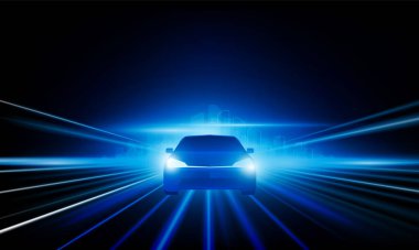 Soyut Hız İşletmeleri, elektrikli araba ve şehir konsepti ile ürün başlatmaya başlayın Hitech iletişim yenilik arka planı, vektör tasarımı