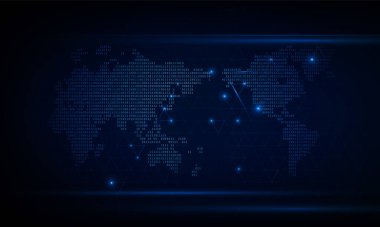 Monitördeki ikili kod numaralarının bir akışı dünya haritasının bilgisayar matrisidir. Hitech iletişim konsepti yenilik arka plan, vektör tasarımı