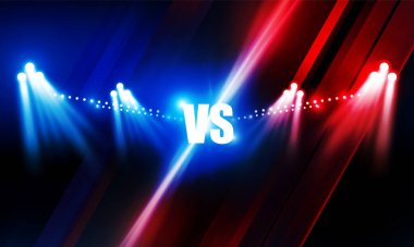 Spor ve oyun, savaş ya da spor için ekranlara karşı. Boks ringi arenası ve spot ışıkları VS parlak stadyum ışıkları Arkaplan kavramı vektör tasarımı