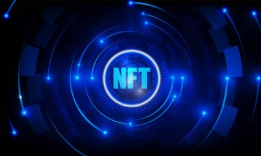 NFT Bitcoin 'in fütüristik ışık kapama teknolojisi arka planındaki soyut teknik grafiği Hitech iletişim konsepti yenilik arka planı, vektör tasarımı