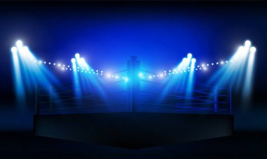 Spor ve oyun, savaş ya da spor için ekranlara karşı. Boks ringi arenası ve spot ışıkları VS parlak stadyum ışıkları Arkaplan kavramı vektör tasarımı