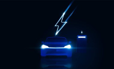 Şarj istasyonundaki elektrikli arabayı soyut aydınlat. Hitech iletişim konsepti yenilik arka plan vektör tasarımı.