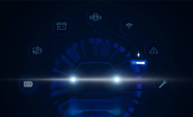 Şarj istasyonundaki elektrikli arabayı soyut aydınlat. Hitech iletişim konsepti yenilik arka plan vektör tasarımı.