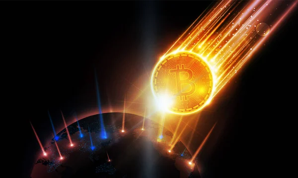 Absztrakt Meteorit Bitcoin Futurisztikus Fény Technológia Háttér Hitech Kommunikációs Koncepció — Stock Vector