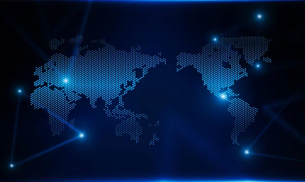 Dotted World Map Circles Light Out Technology Background Koncepcja Komunikacji — Wektor stockowy