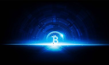 Soyut işadamı kapısı Bitcoin teknolojisinin ışığı arka plan Hitech iletişimi yenilik arka plan vektör tasarımı.
