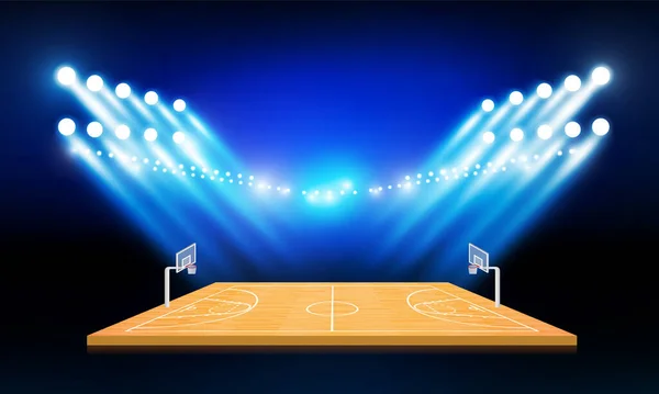 Terrain Basket Ball Arène Avec Des Lumières Stade Lumineux Design — Image vectorielle