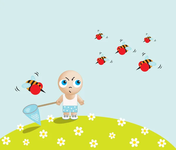 Kleiner Cartoon-Junge steht mit einem Schmetterlingsnetz in der Hand gegen wütende Bienen, Vektor-Illustration — Stockvektor
