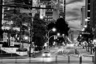 Vancouver Canada Place night cityscape in black and white clipart