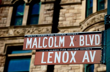 New York Malcom X Blbd Lenox Avenue street sign in Harlem clipart