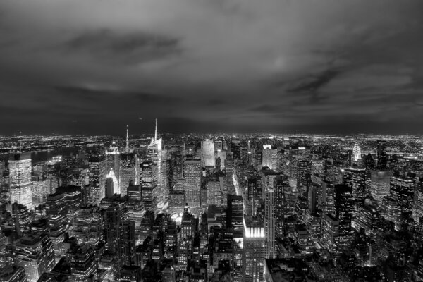 New York Night Skyline in black and white city of lights