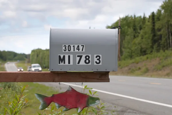 Röd lax postlåda på en väg i kenai peninsula, alaska — Stock fotografie