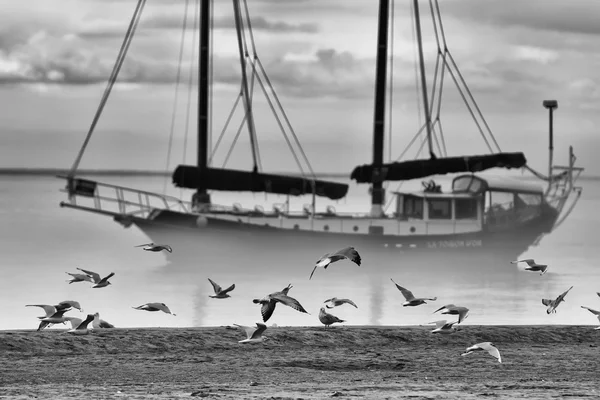 Het schip in de mist-achtergrond — Stockfoto