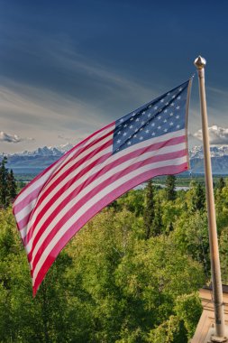 Usa American flag stars and stripes on mount McKinley background clipart