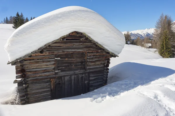 En timmerstuga hydda i vinter snö bakgrunden — Stockfoto