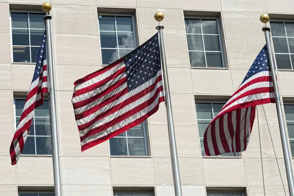 Amerikai zászlók, juharfalevél csillagok és a csíkok, a washington dc épitőipari — Stock Fotó