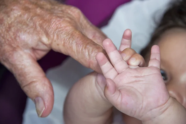 Old retired man hands holding newborn infant one — Stock Photo, Image