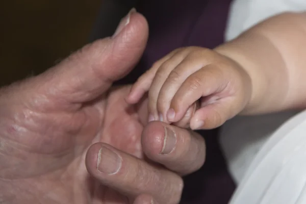 Old retired man hands holding newborn infant one — Stock Photo, Image
