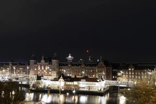 Amsterdam Central Station Nacht Blick Stadtbild — Stockfoto