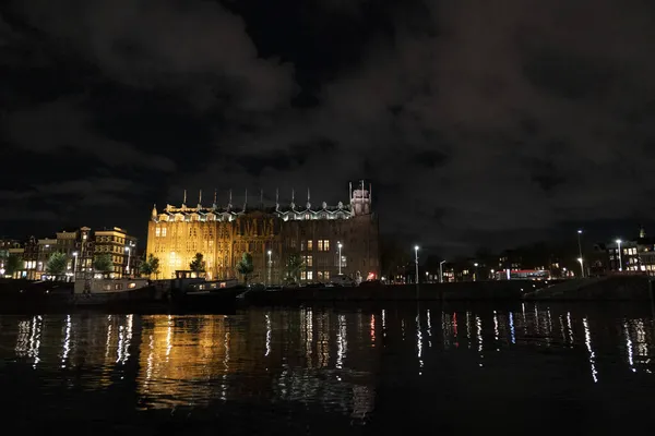 Amszterdam Netherland Csatornák Hajókázás Éjjel — Stock Fotó