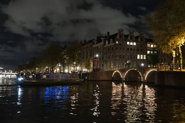 Amsterdam Paesi Bassi Canali Crociera Notte — Foto Stock