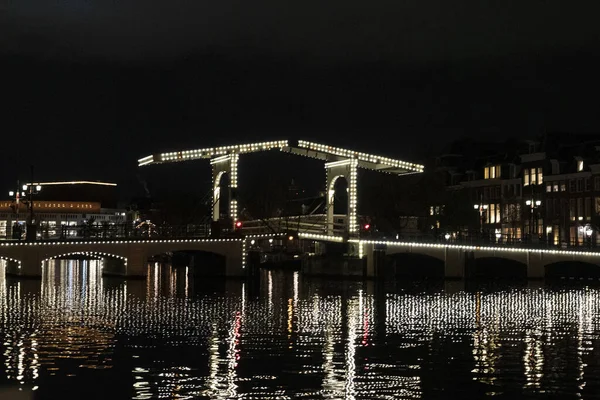 Amsterdam Netherlands Canals Cruise Night Old Bridge — Stock Photo, Image