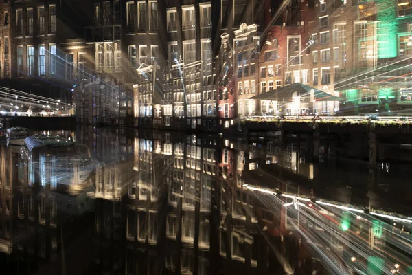 Amsterdam Canal Night View Cityscape Camera Manuelle Warp Effekt — Stockfoto