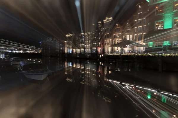 Canal Ámsterdam Vista Nocturna Paisaje Urbano Efecto Warp Manual Cámara —  Fotos de Stock