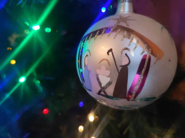 Boule Noël Verre Sur Arbre Noël Détail Artisanal Fait Main — Photo