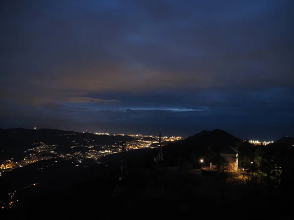 Night Panorama Madonna Della Guardia Votive Offering Sanctuary Genoa Mountain — Fotografia de Stock