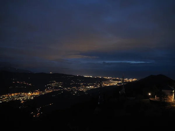 Night Panorama Madonna Della Guardia Votive Offering Sanctuary Genoa Mountain — Fotografia de Stock