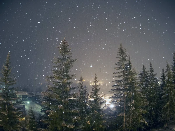 Snow Falling Snowing Night Dolomites Mountains — Stok fotoğraf