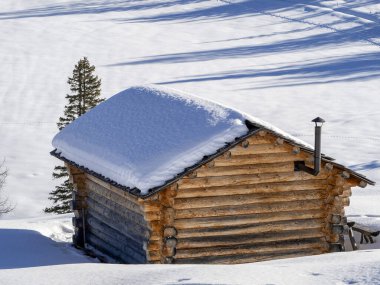dolomites snow panorama wooden hut val badia armentara hill